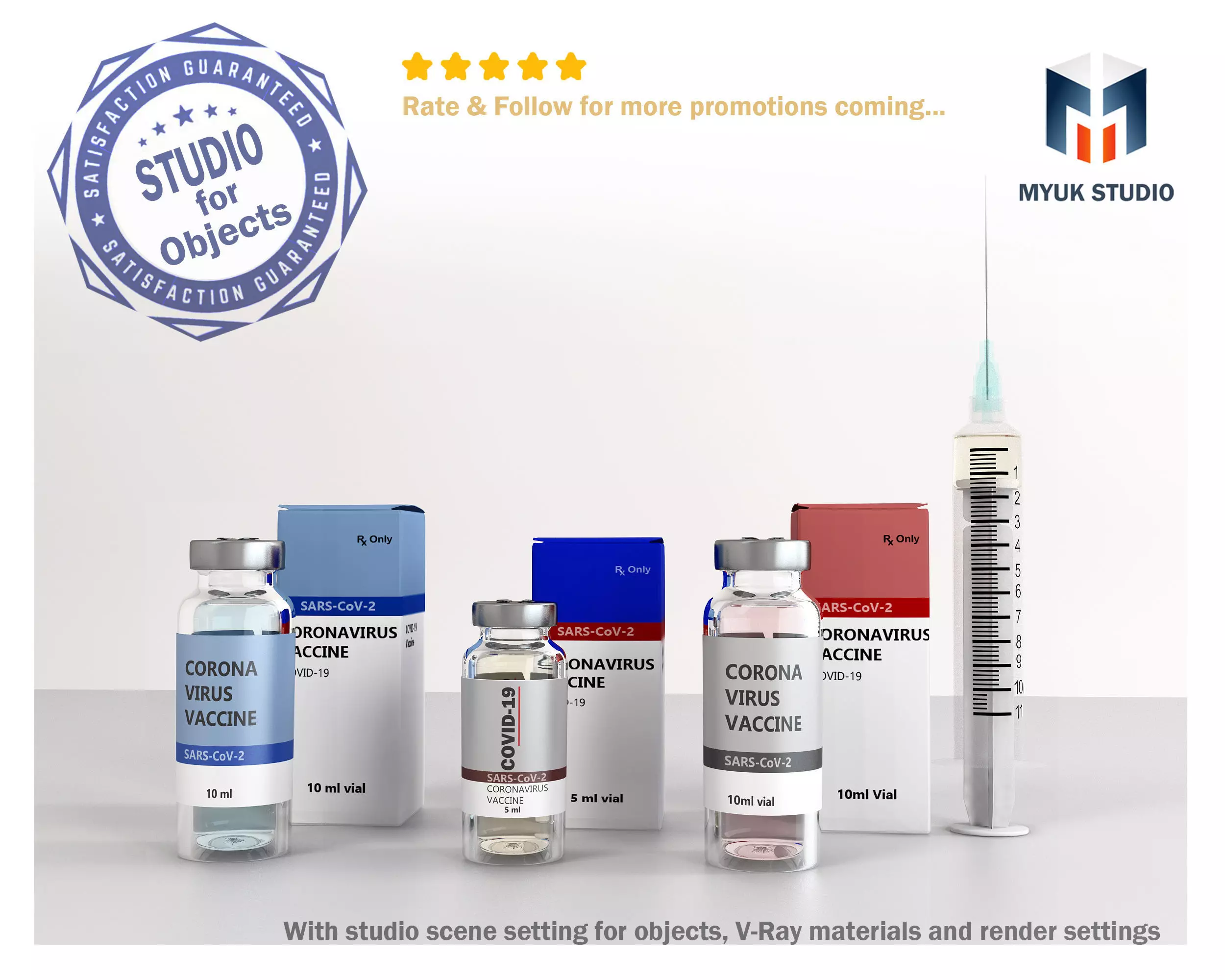 Coronavirus Vaccine 3 different formula in vials and syringe 3D model_0