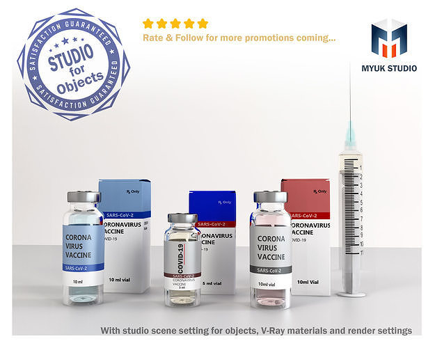 Coronavirus Vaccine 3 different formula in vials and syringe 3D model
