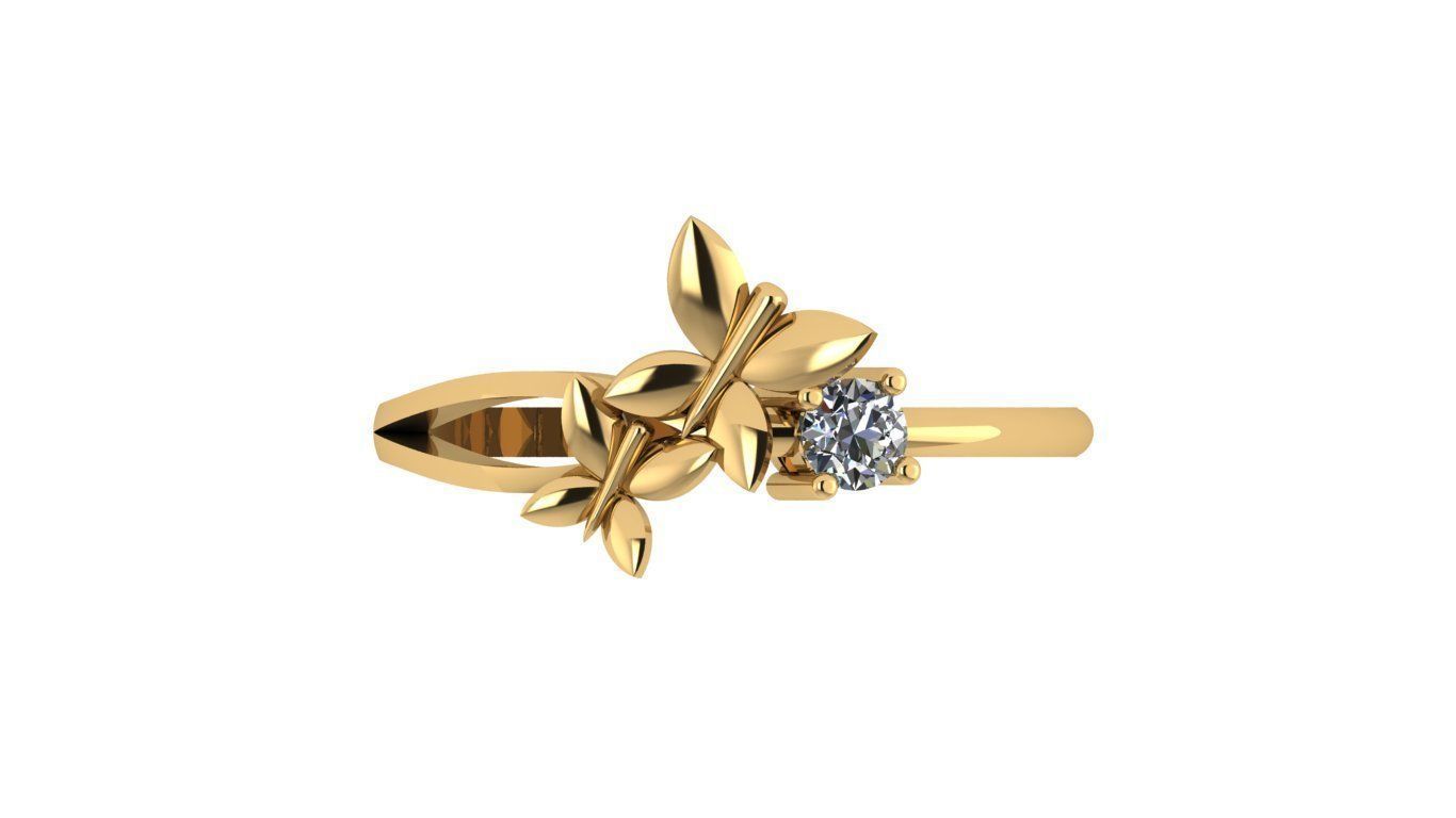 rings gold and diamond ring with two leaves 3D print model_4