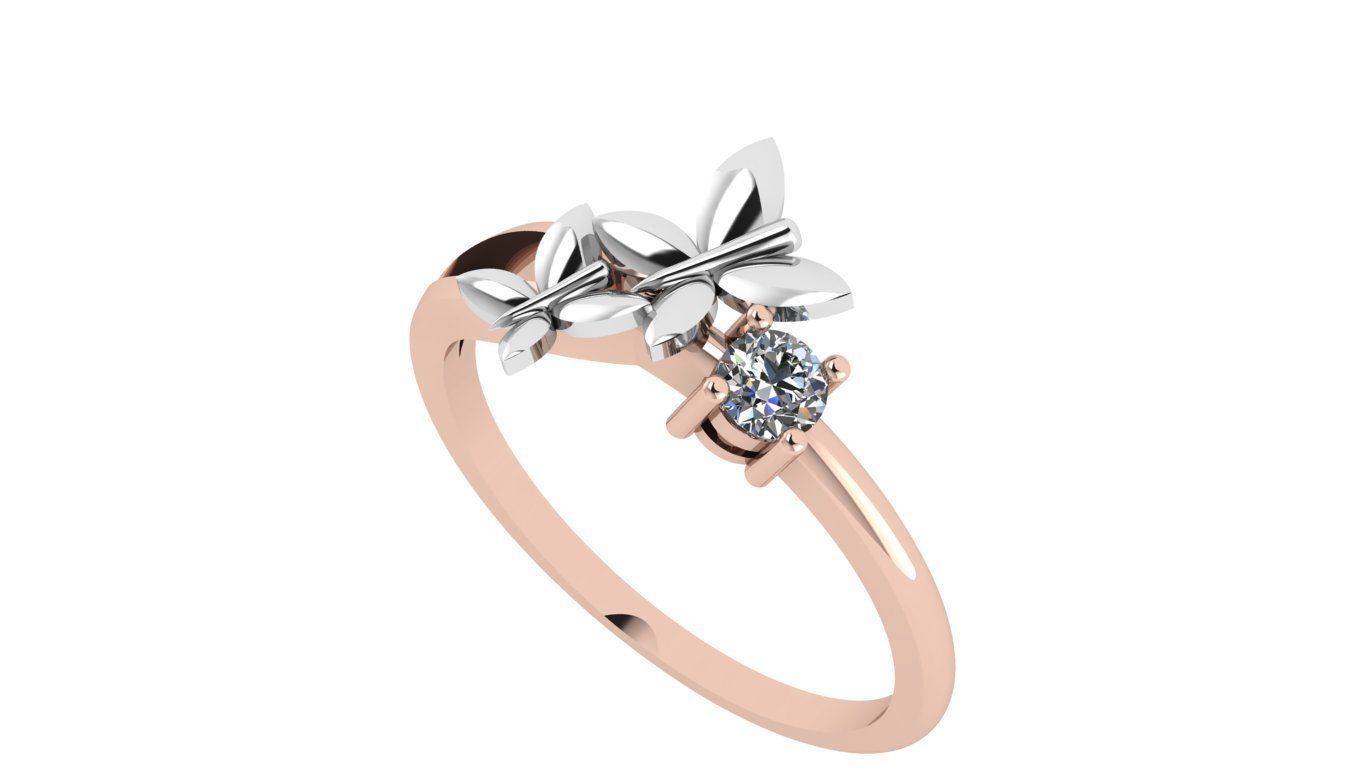 rings gold and diamond ring with two leaves 3D print model_8