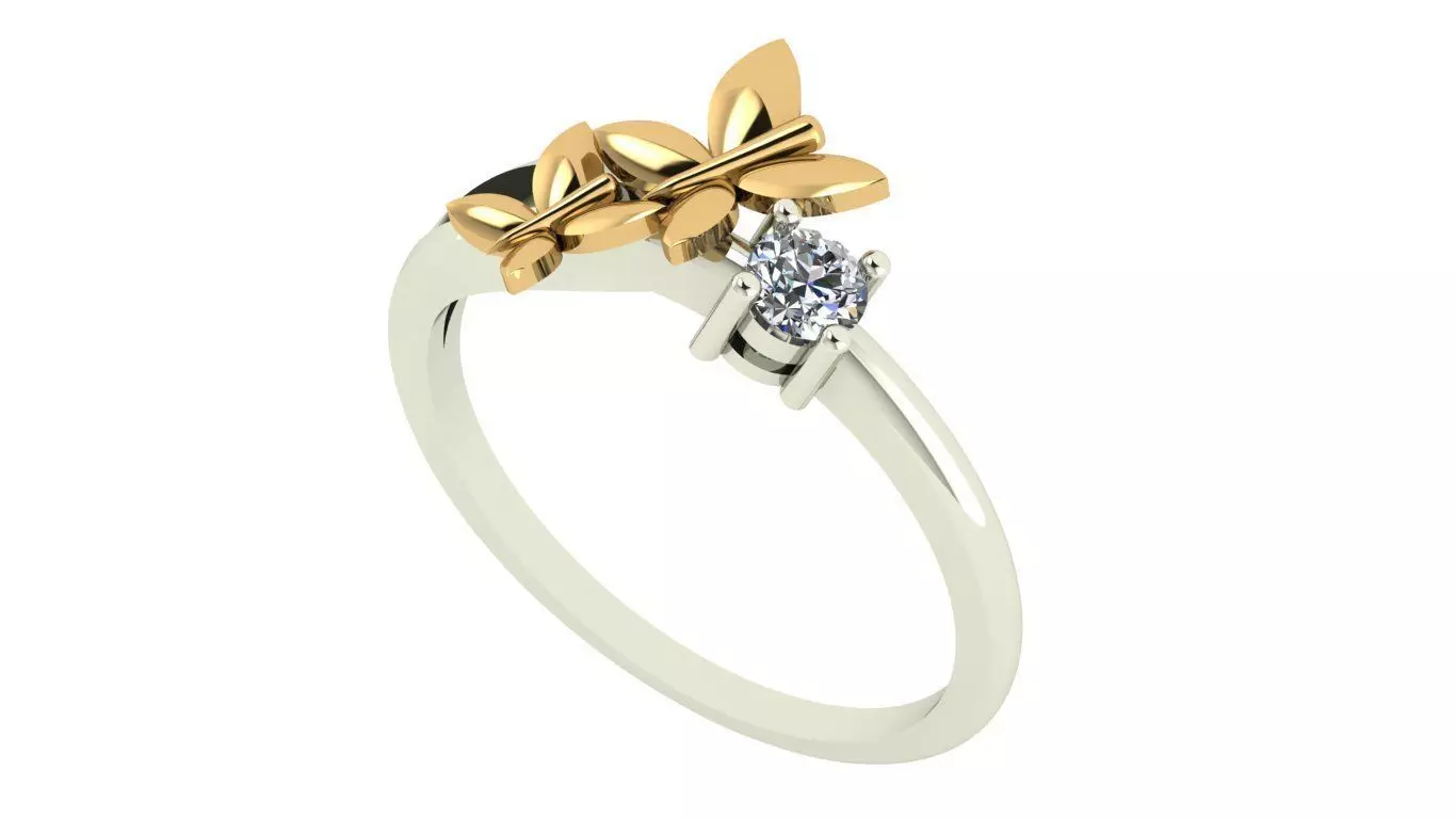 rings gold and diamond ring with two leaves 3D print model_0