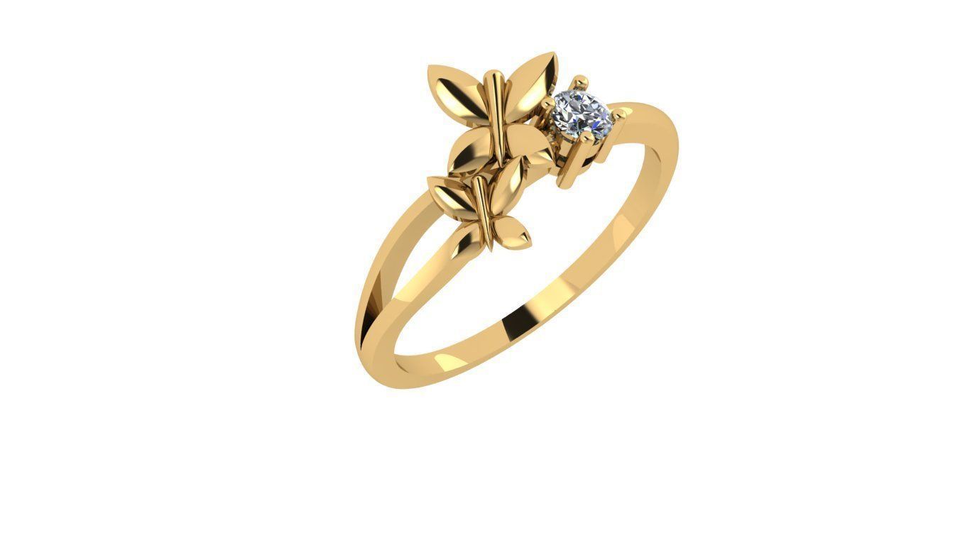 rings gold and diamond ring with two leaves 3D print model_3