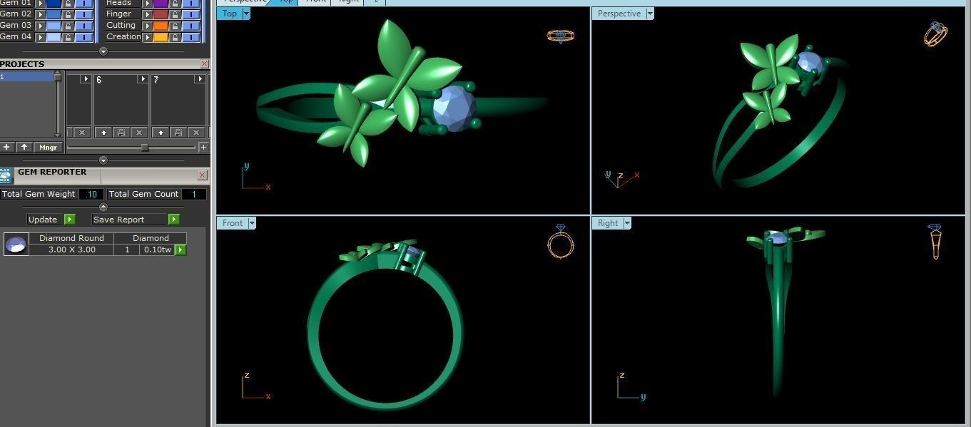 rings gold and diamond ring with two leaves 3D print model_2