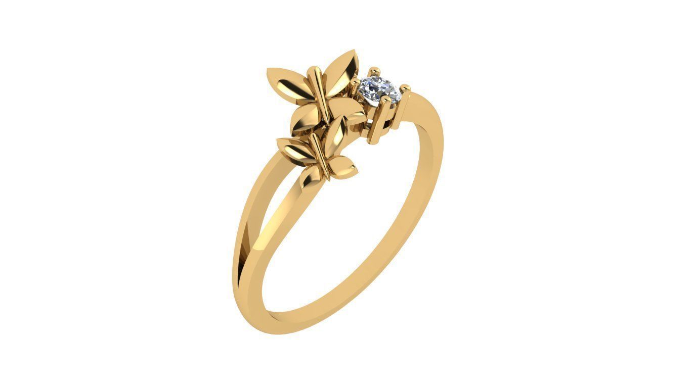 rings gold and diamond ring with two leaves 3D print model_5
