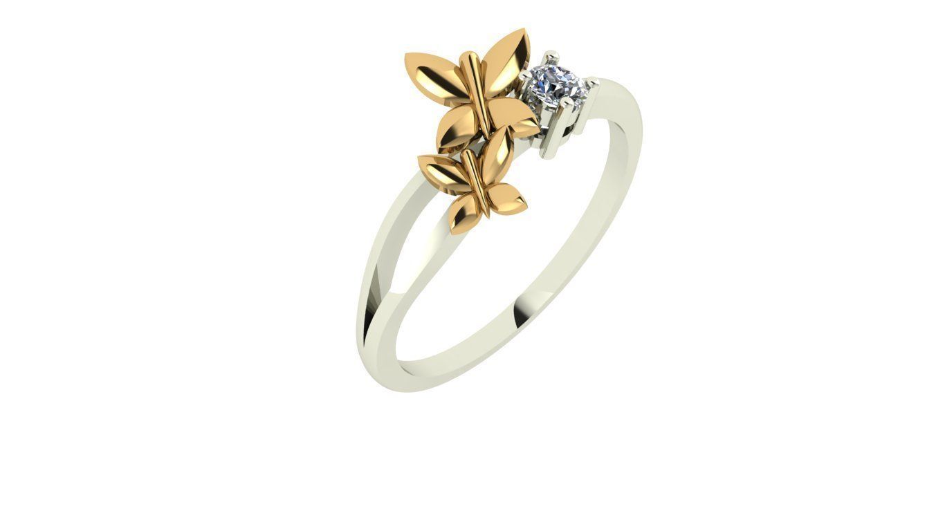 rings gold and diamond ring with two leaves 3D print model_1