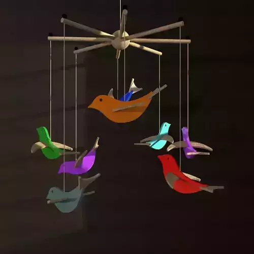 Mobile colorful bird hanging from ceiling