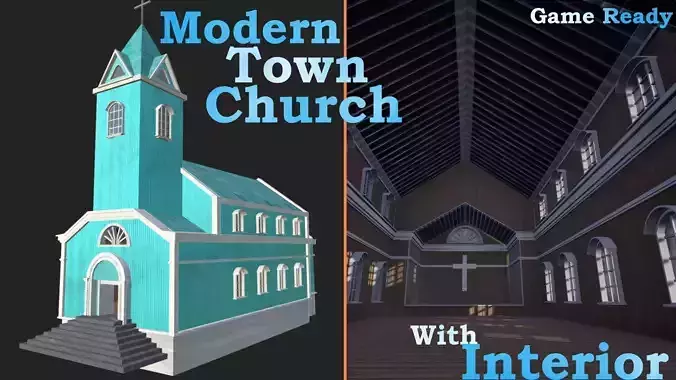 Modern Town Church With Interior Game Ready 