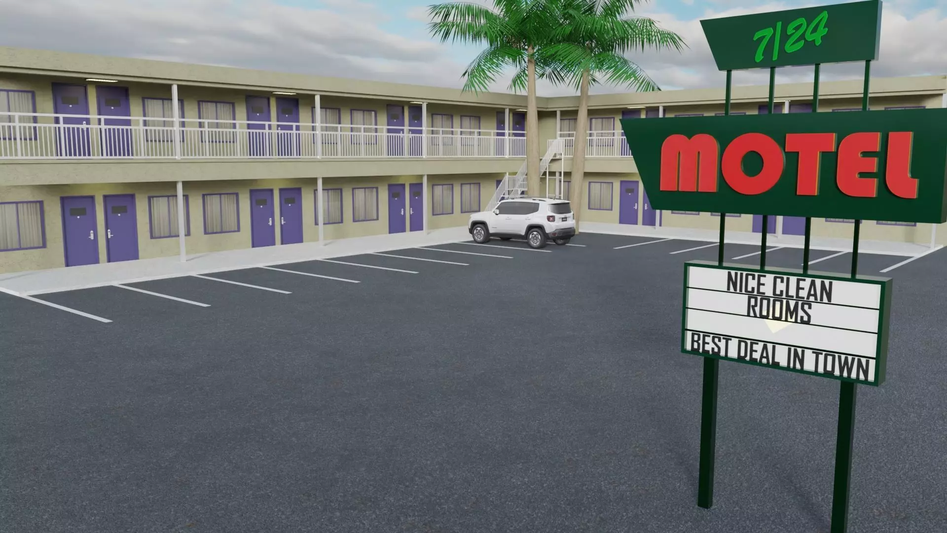 Motel with car parked Low-poly 3D model
