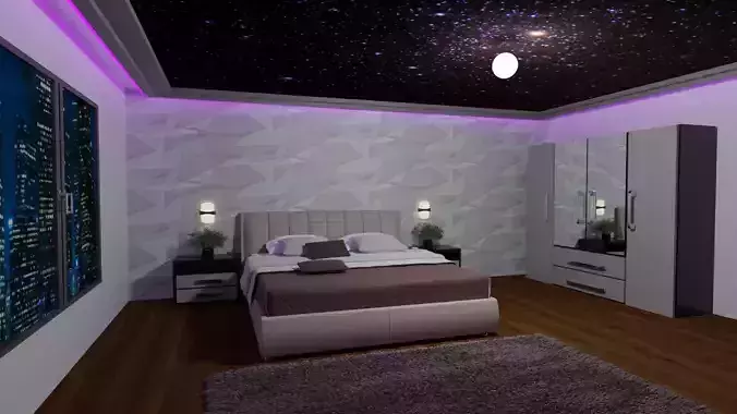 Room 3d bedroom with lights and starry sky
