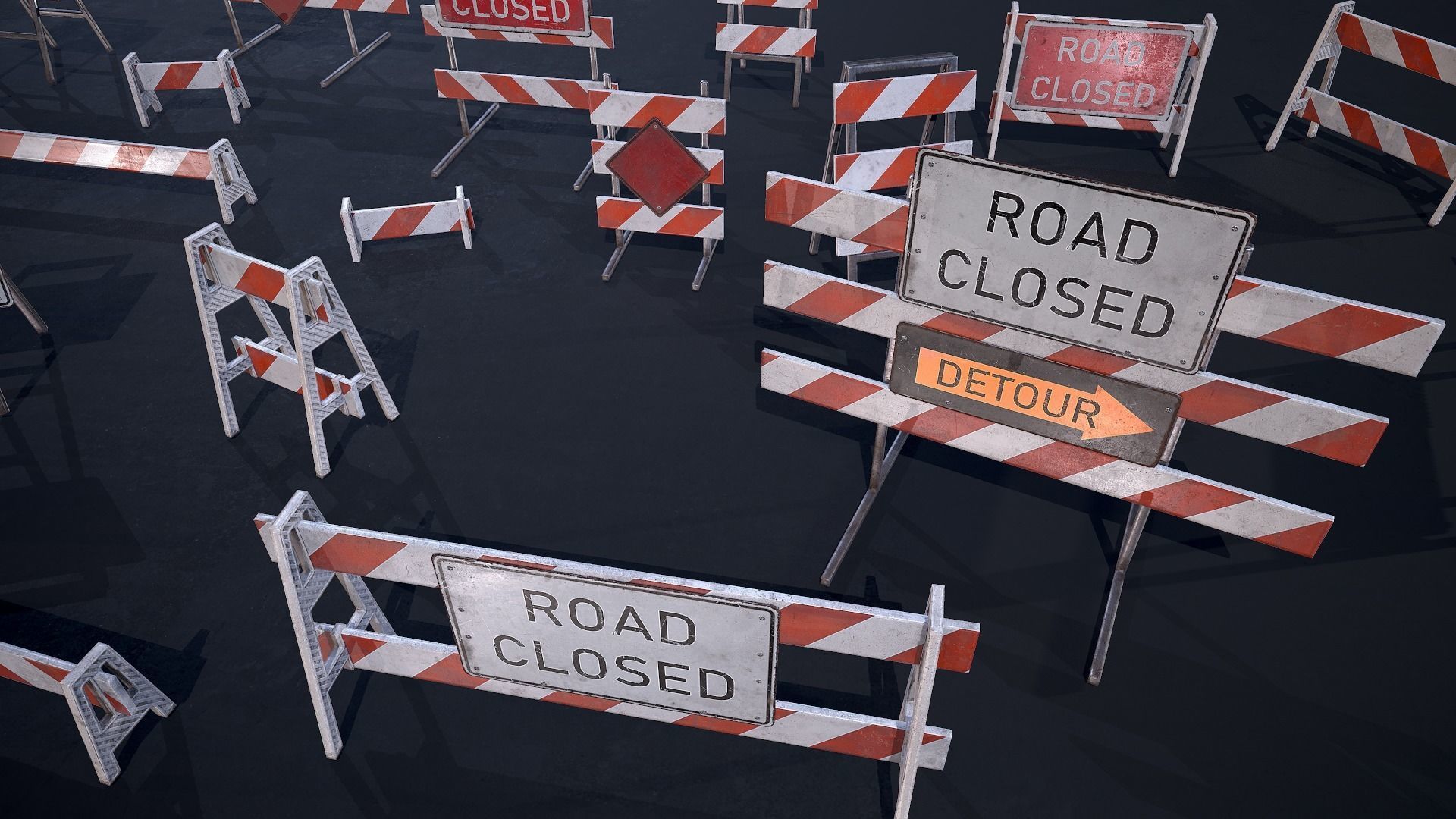 Barricade and Signs - set Low-poly 3D model_2