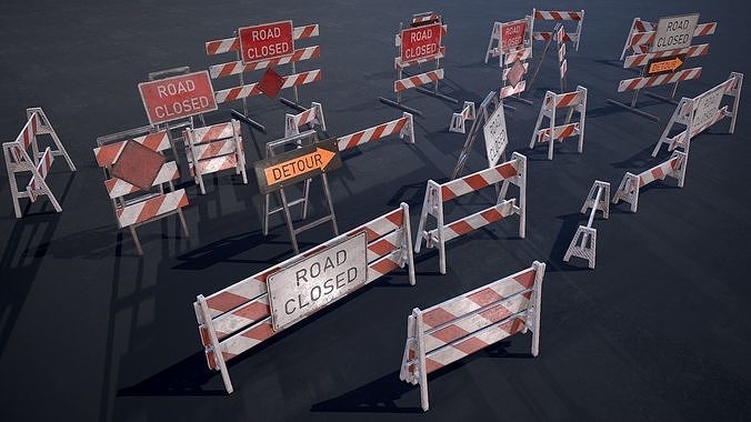Barricade and Signs - set Low-poly 3D model