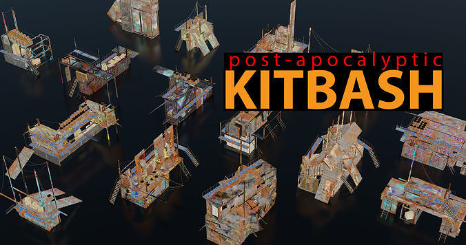 Post-Apocalyptic Kitbash Shipping Container Themed 60 pieces Low-poly 3D model
