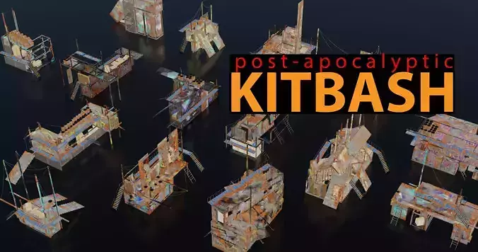 Post-Apocalyptic Kitbash Shipping Container Themed 60 pieces Low-poly 3D model