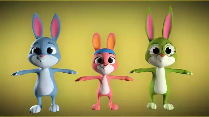 3 Cute Cartoon Bunnies Character 3d Model
