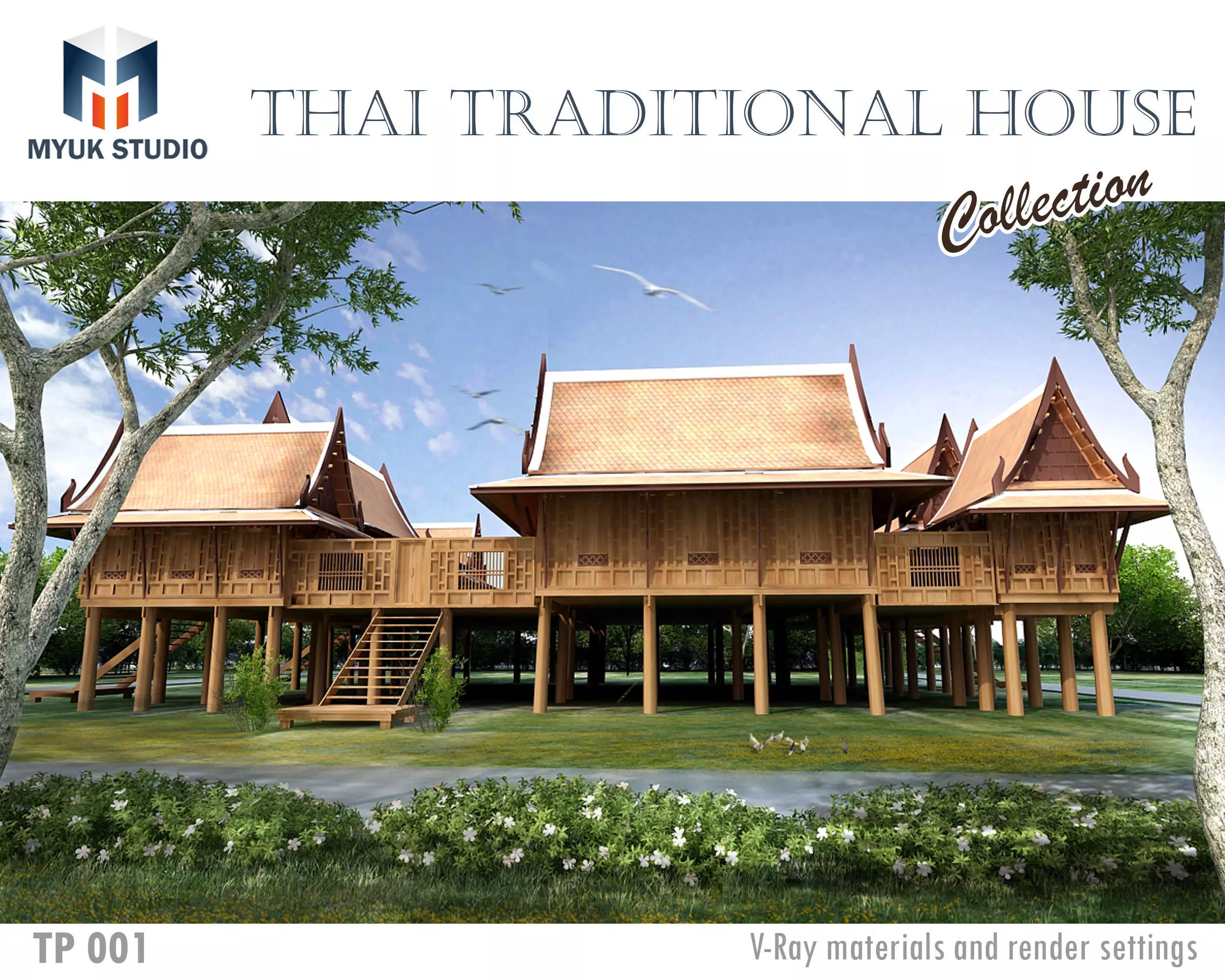Wood home design as Thai Traditional house  Asian tropical style 3D model_0