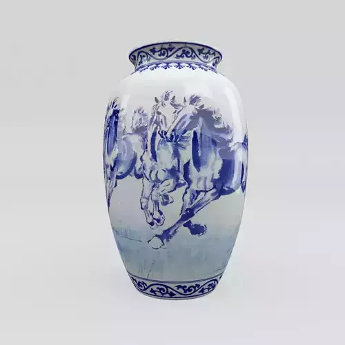 Chinese Blue and White Porcelain Vase - Horses