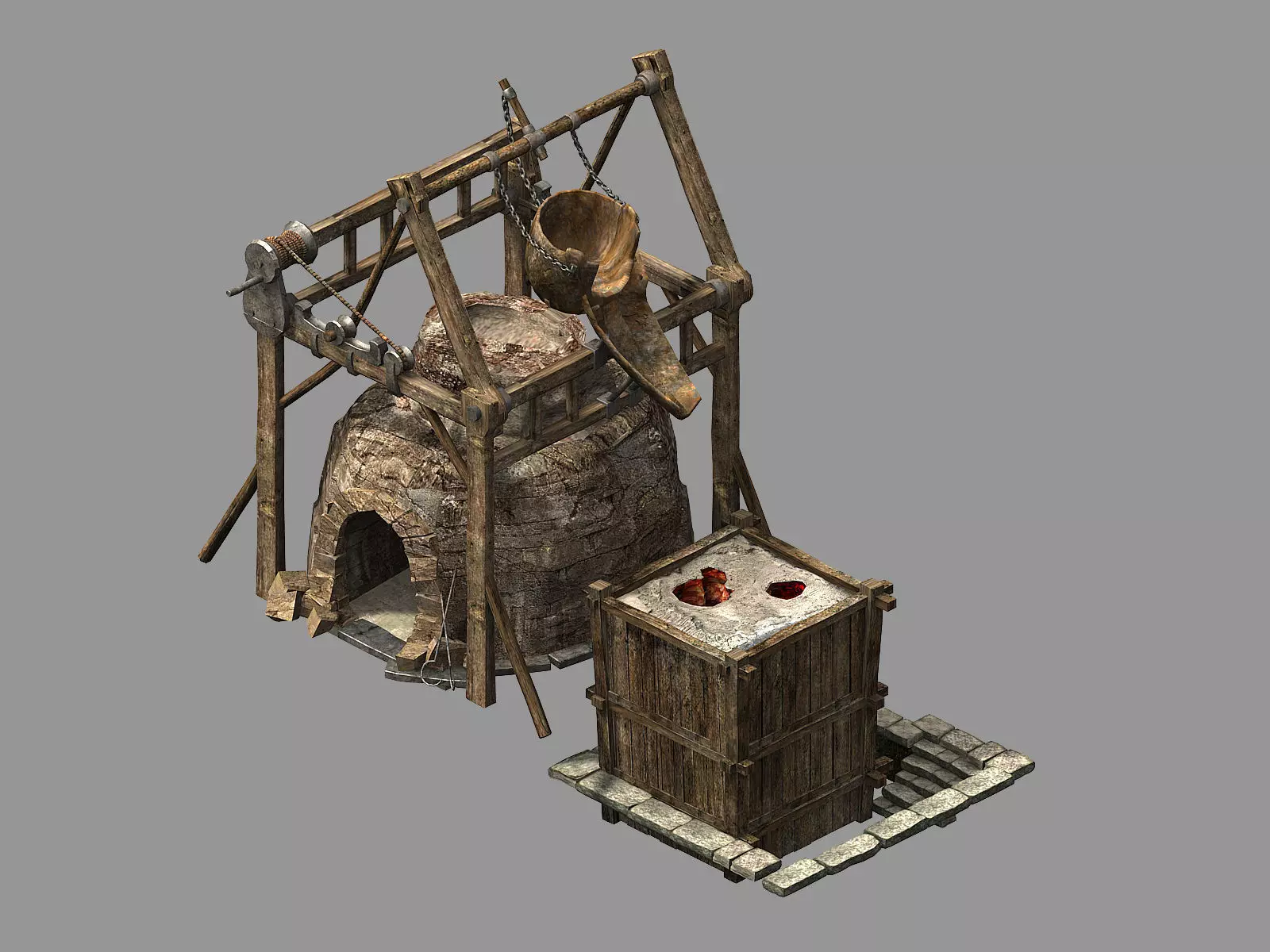 Blacksmith-Furnace-Furnace wooden structure with fire in it 3D model_0