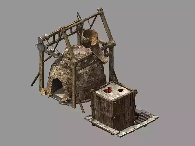 Blacksmith-Furnace-Furnace wooden structure with fire in it 3D model