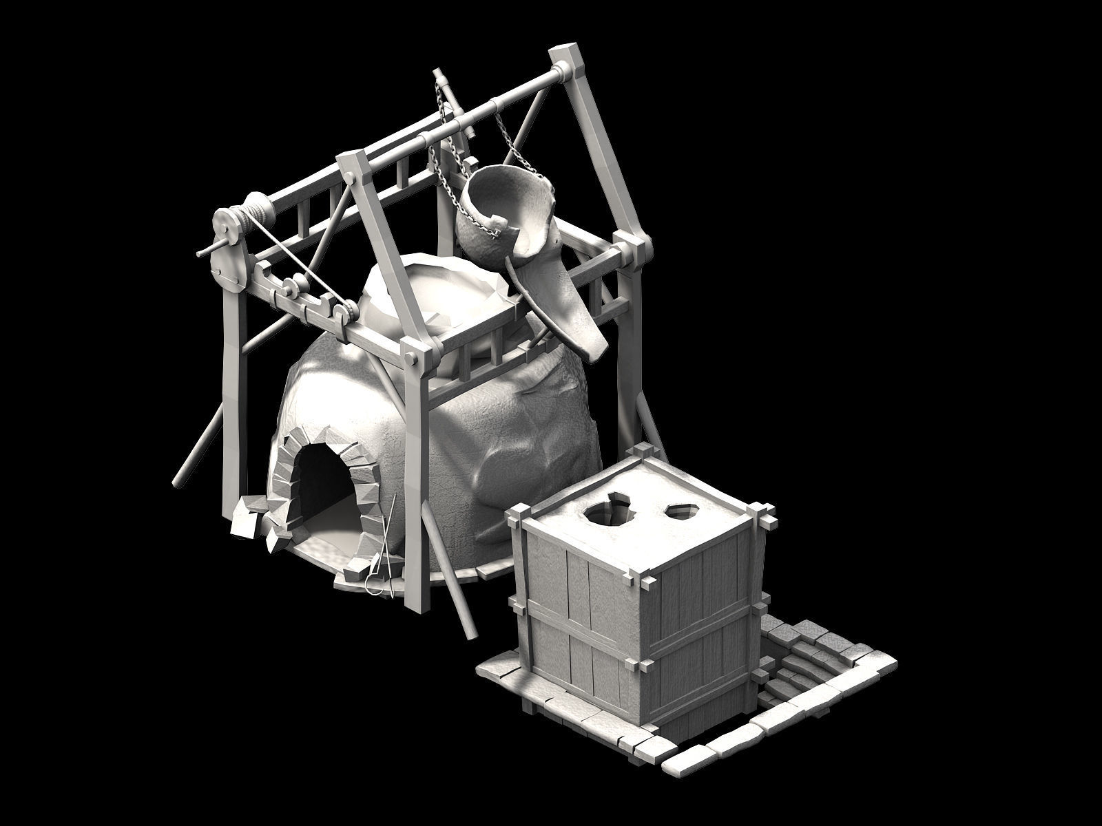 Blacksmith-Furnace-Furnace wooden structure with fire in it 3D model_2