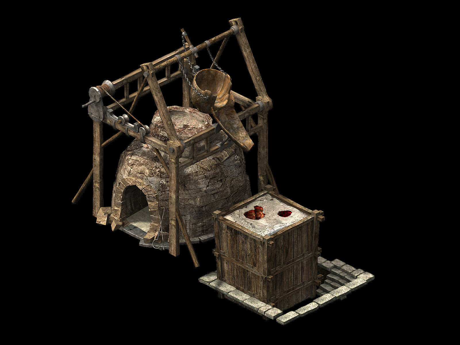 Blacksmith-Furnace-Furnace wooden structure with fire in it 3D model_1