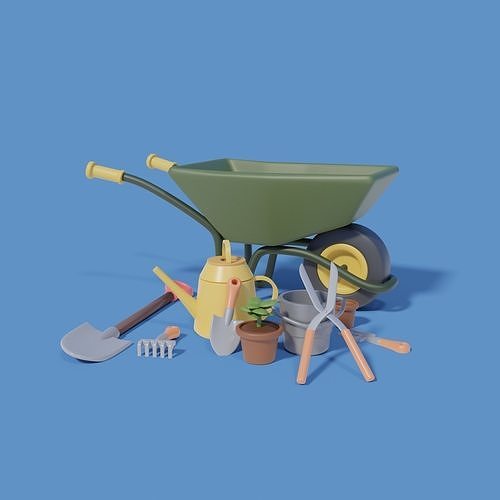 Gardening Tools with wheelbarrow shovel and more Low-poly 3D model