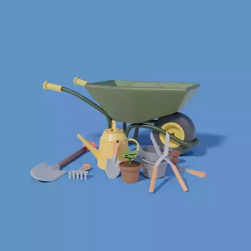Gardening Tools with wheelbarrow shovel and more Low-poly 3D model