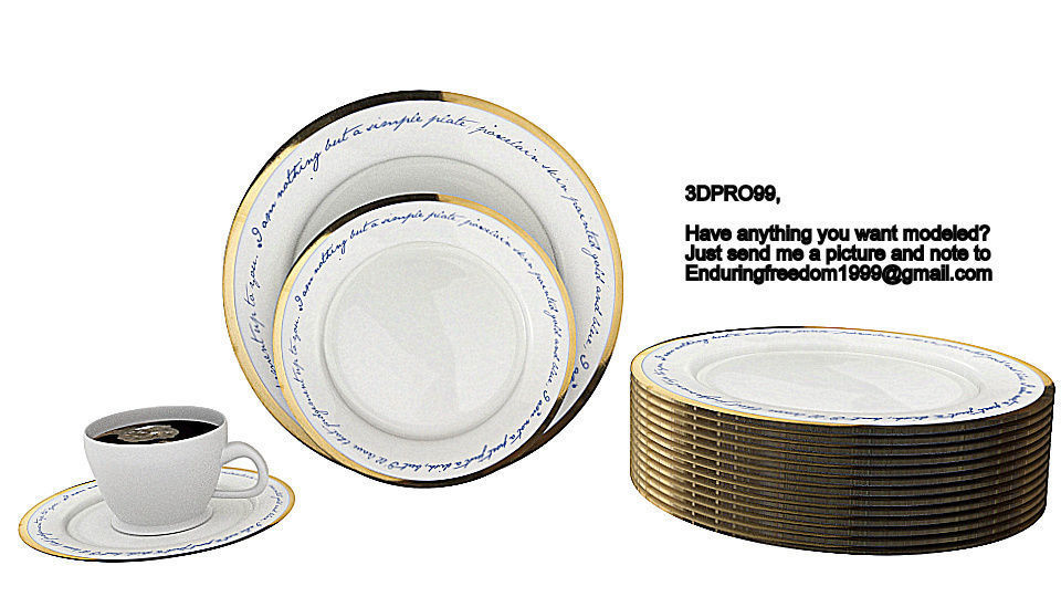 Dishes dinner set with cups and plates Low-poly 3D model_1