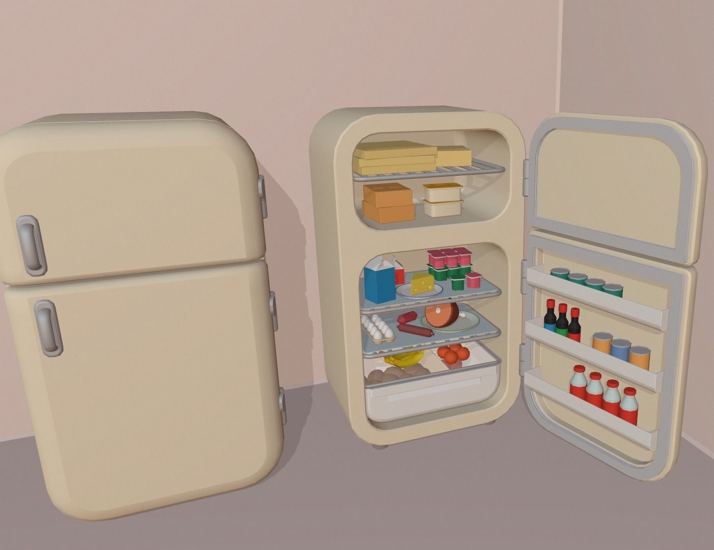 Cartoon fridge with food Low-poly 3D model_1