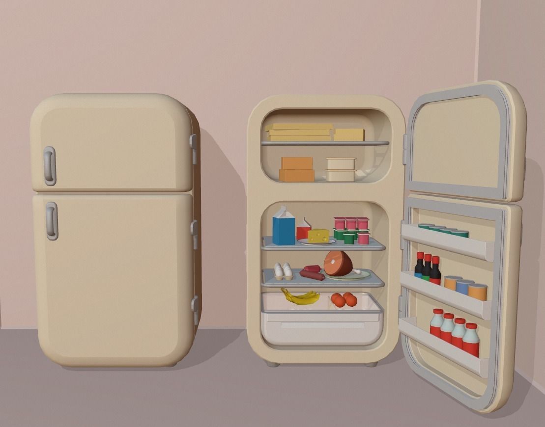 Cartoon fridge with food Low-poly 3D model_0