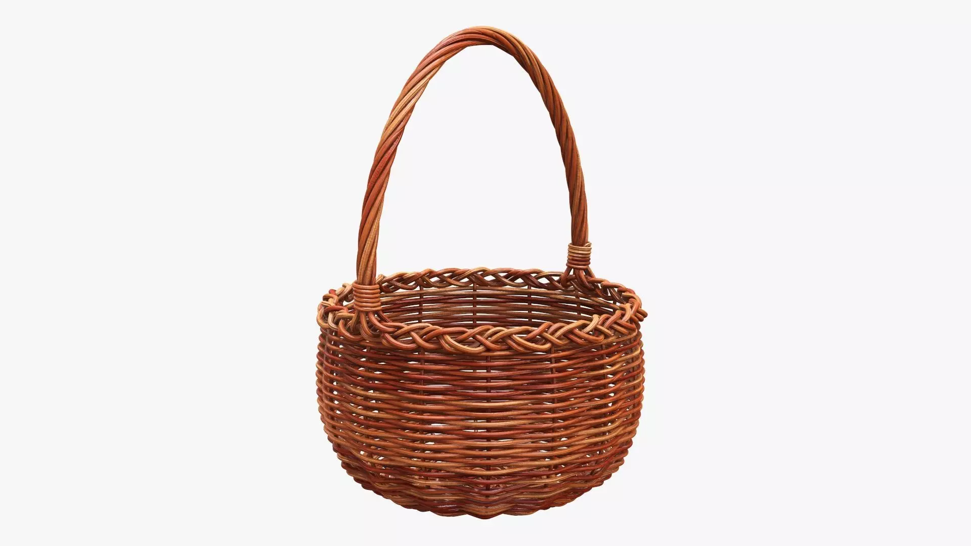 Wicker wooden basket round with handle 3D model_0