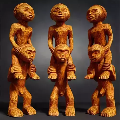 Primitive Statue Wood 2 Stacked men