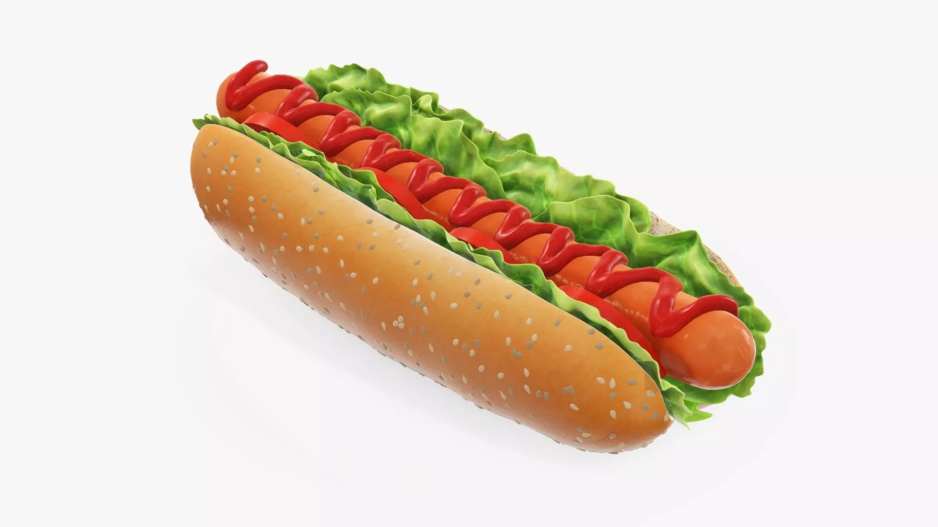 Hot dog with ketchup tomato salad seeds 3D model