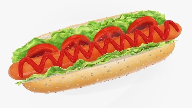 Hot dog with ketchup tomato salad seeds 3D model 5