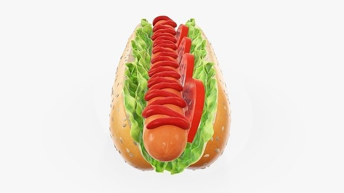 Hot dog with ketchup tomato salad seeds 3D model 3