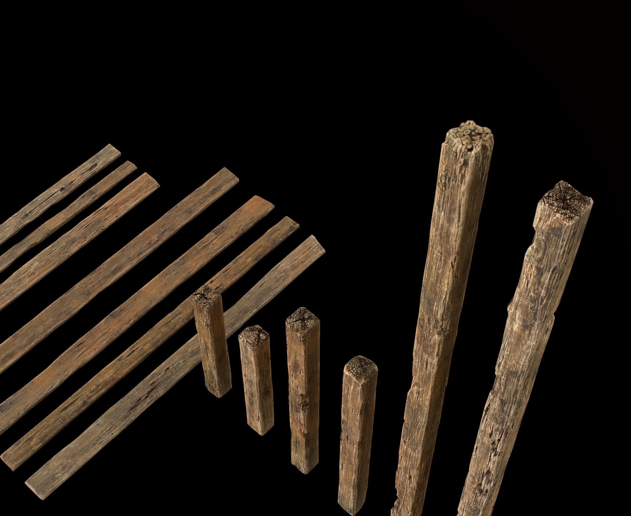 Old Wooden planks poles and beams 26 pieces 3D Model Collection_25