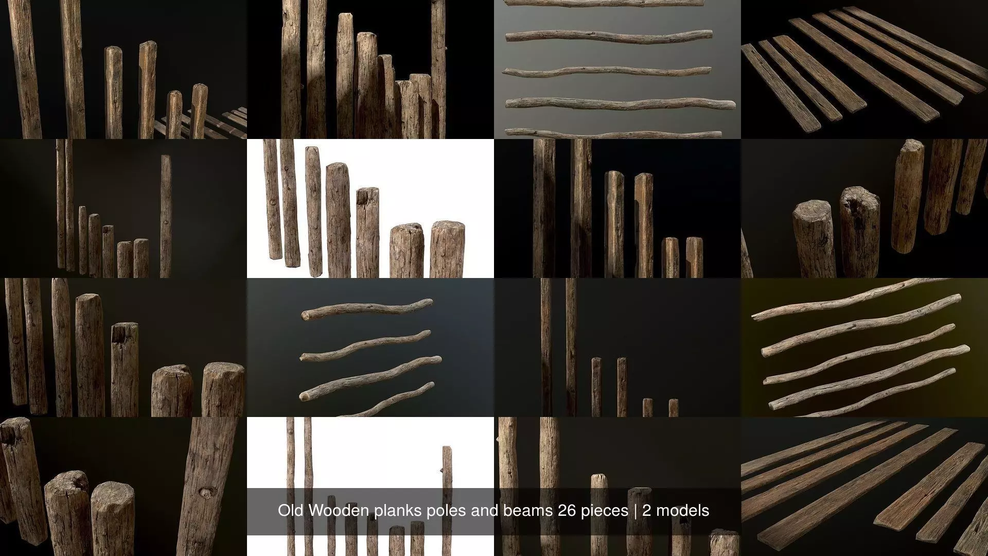 Old Wooden planks poles and beams 26 pieces 3D Model Collection_1