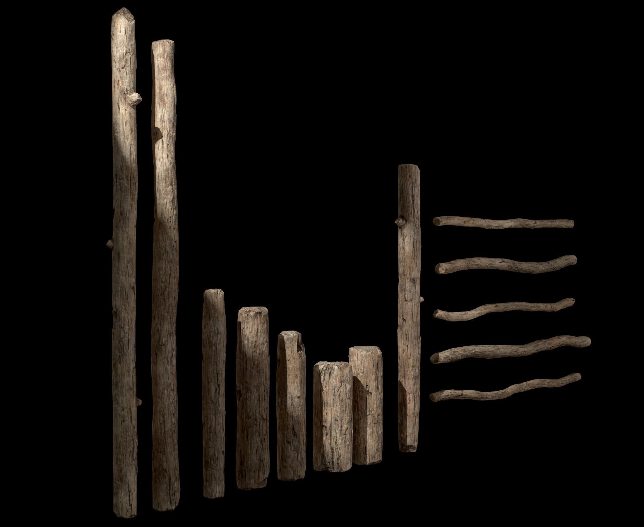 Old Wooden planks poles and beams 26 pieces 3D Model Collection_5