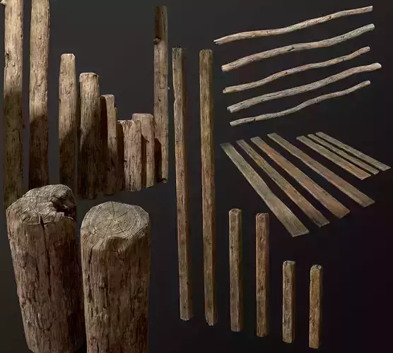 Old Wooden planks poles and beams 26 pieces 3D Model Collection