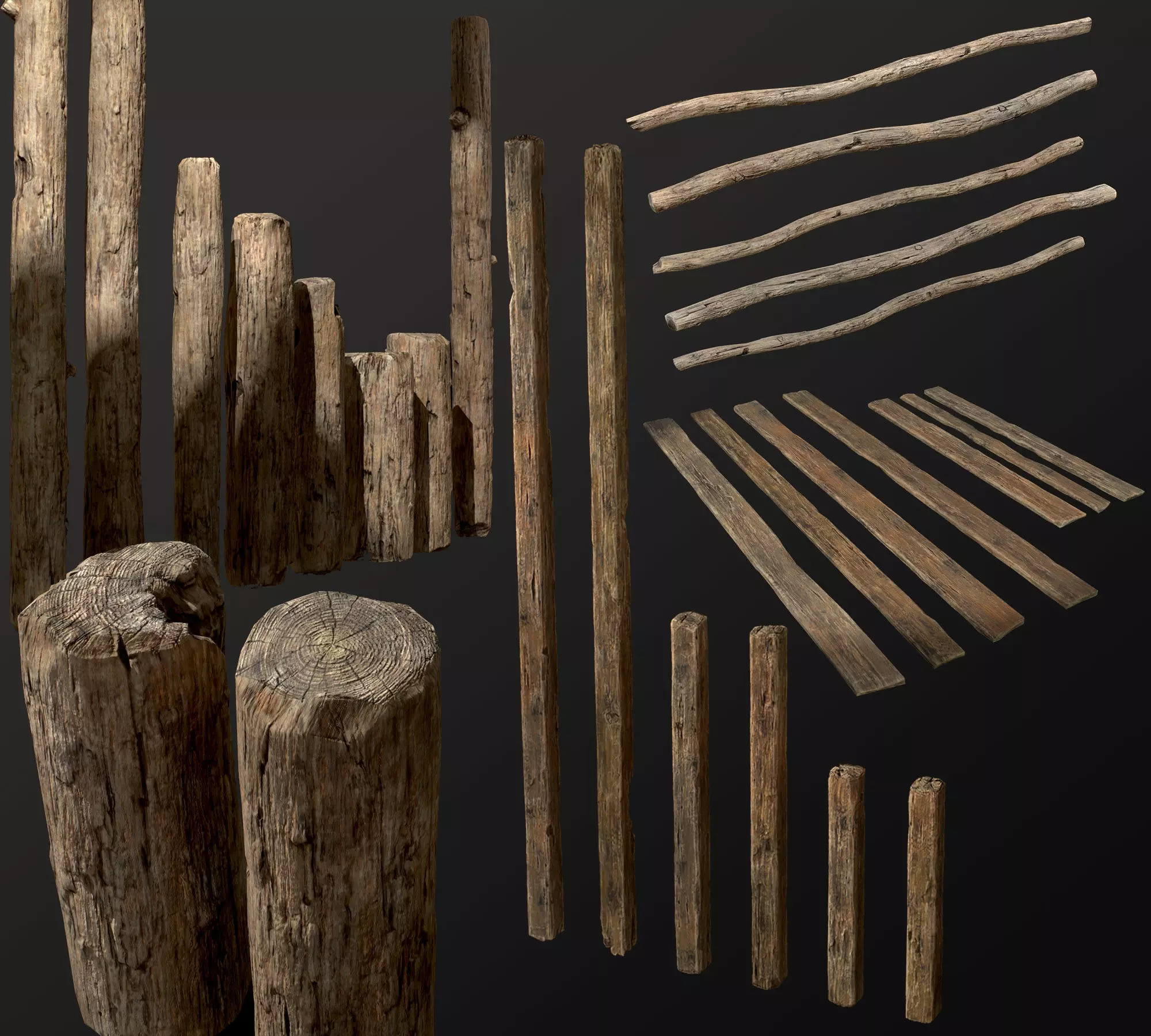 Old Wooden planks poles and beams 26 pieces 3D Model Collection_0