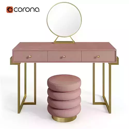 Pink Velvet Upholstered Makeup Vanity Table with Ottoman