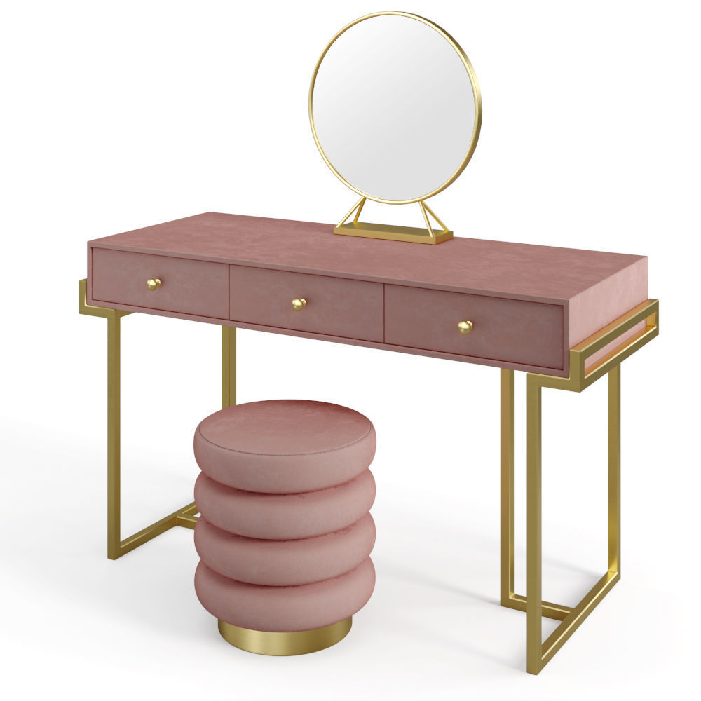 Pink Velvet Upholstered Makeup Vanity Table with Ottoman 3D model