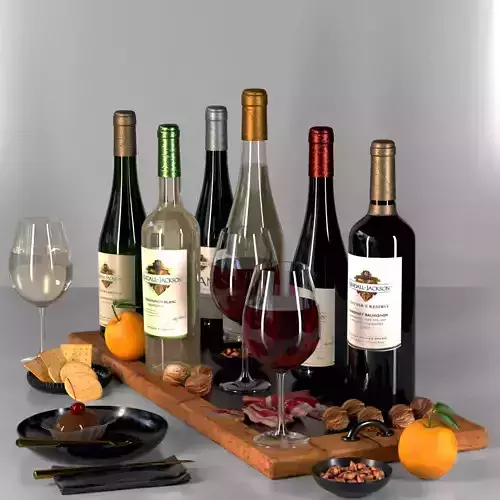 Wine collection bottles and glasses on wooden tray