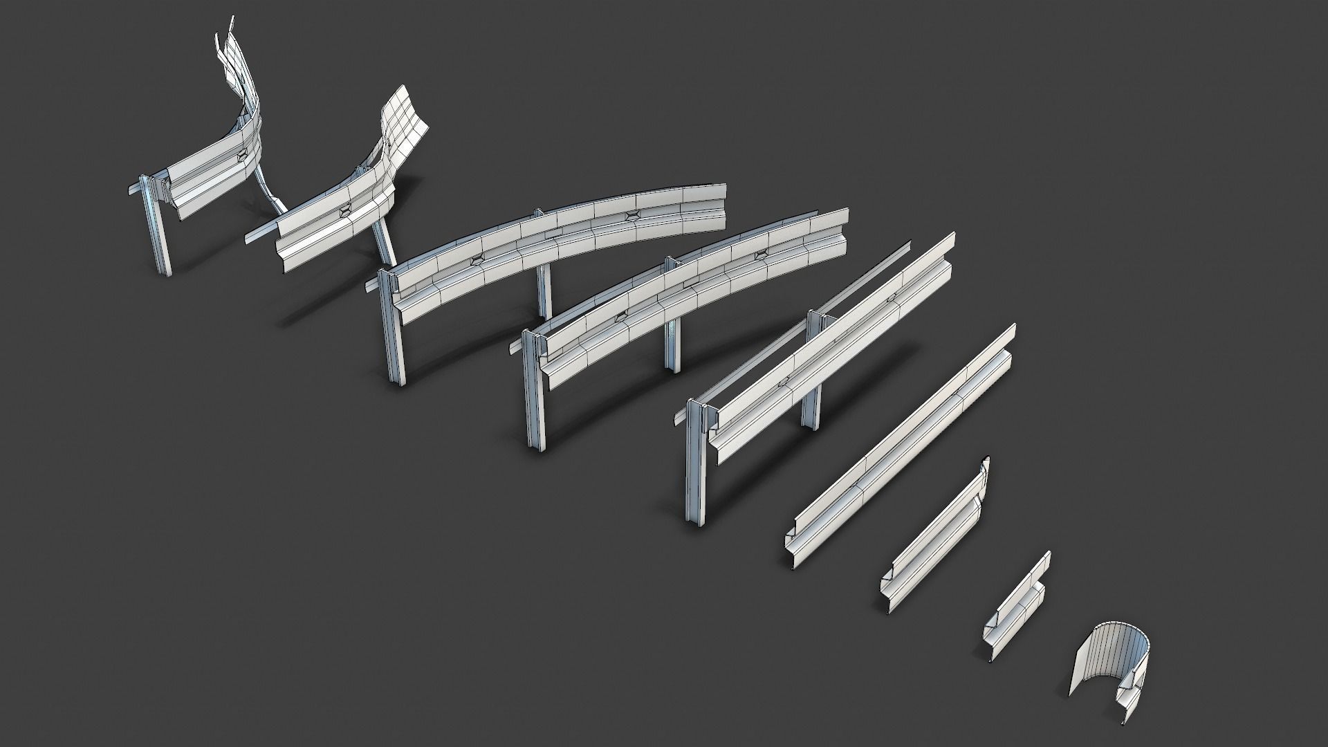 Modular - Rusty road safety barrier Kit - 3D VR  AR  game ready  Low-poly 3D model_16