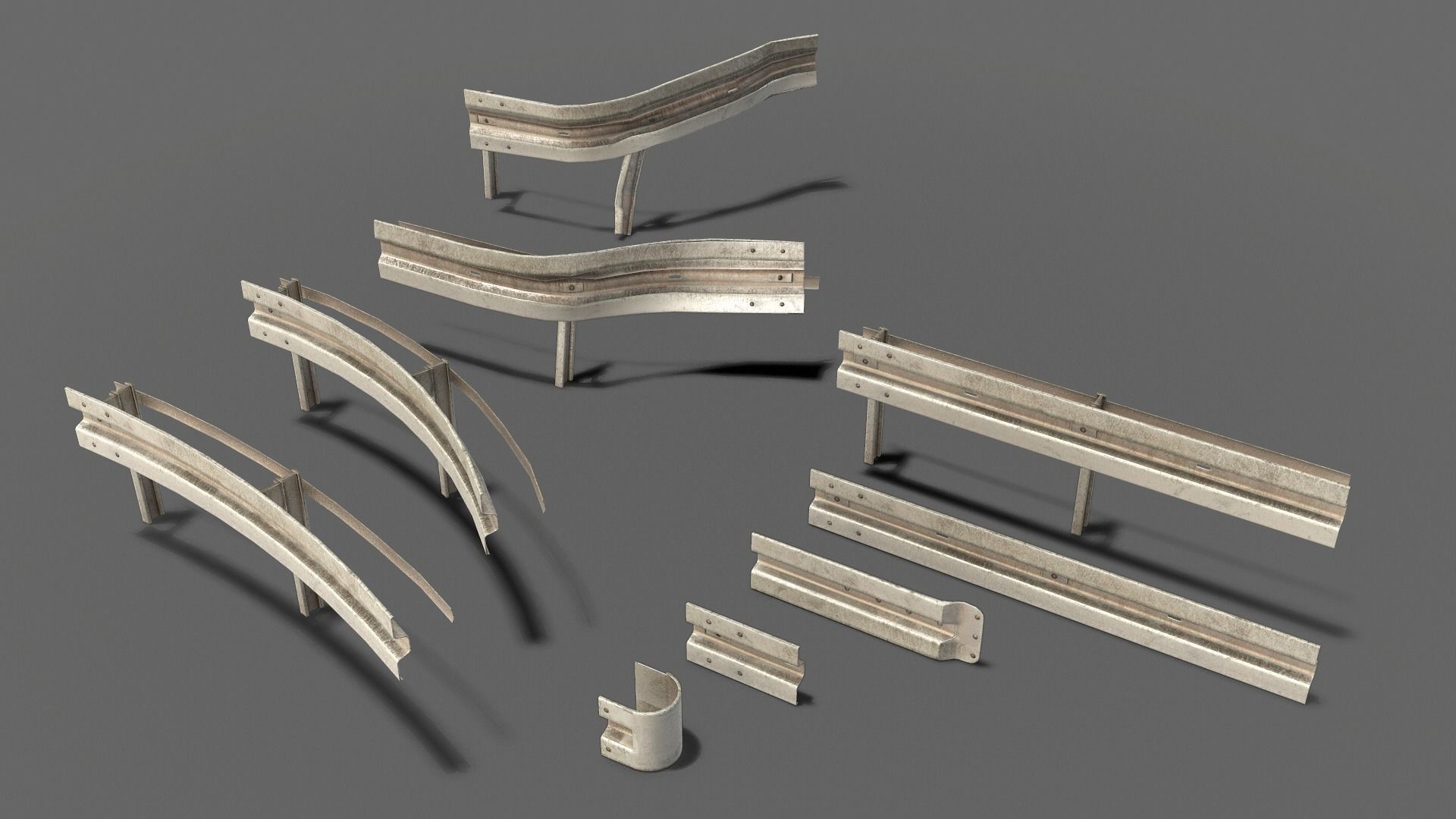 Modular - Rusty road safety barrier Kit - 3D VR  AR  game ready  Low-poly 3D model_3