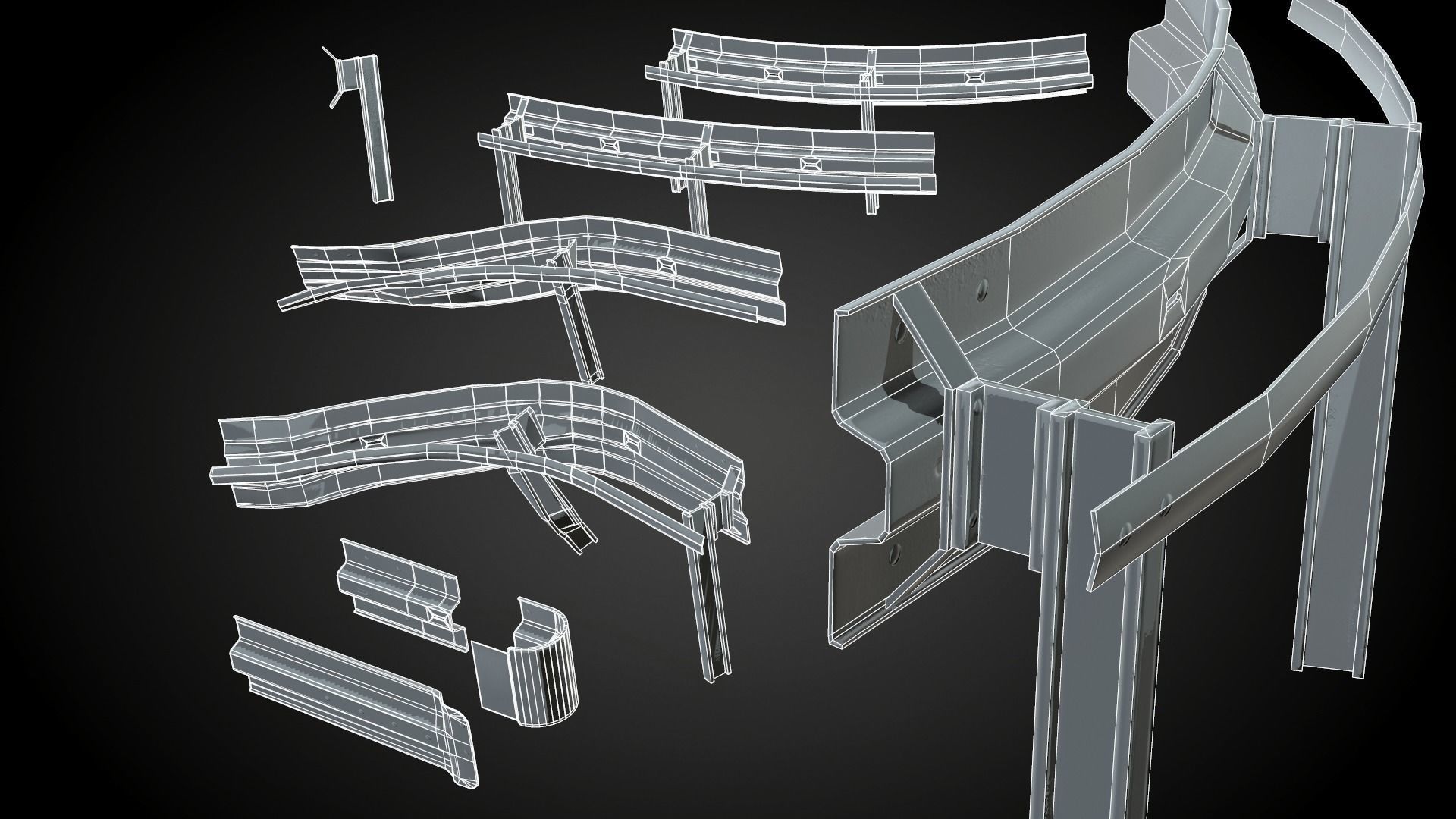 Modular - Rusty road safety barrier Kit - 3D VR  AR  game ready  Low-poly 3D model_18