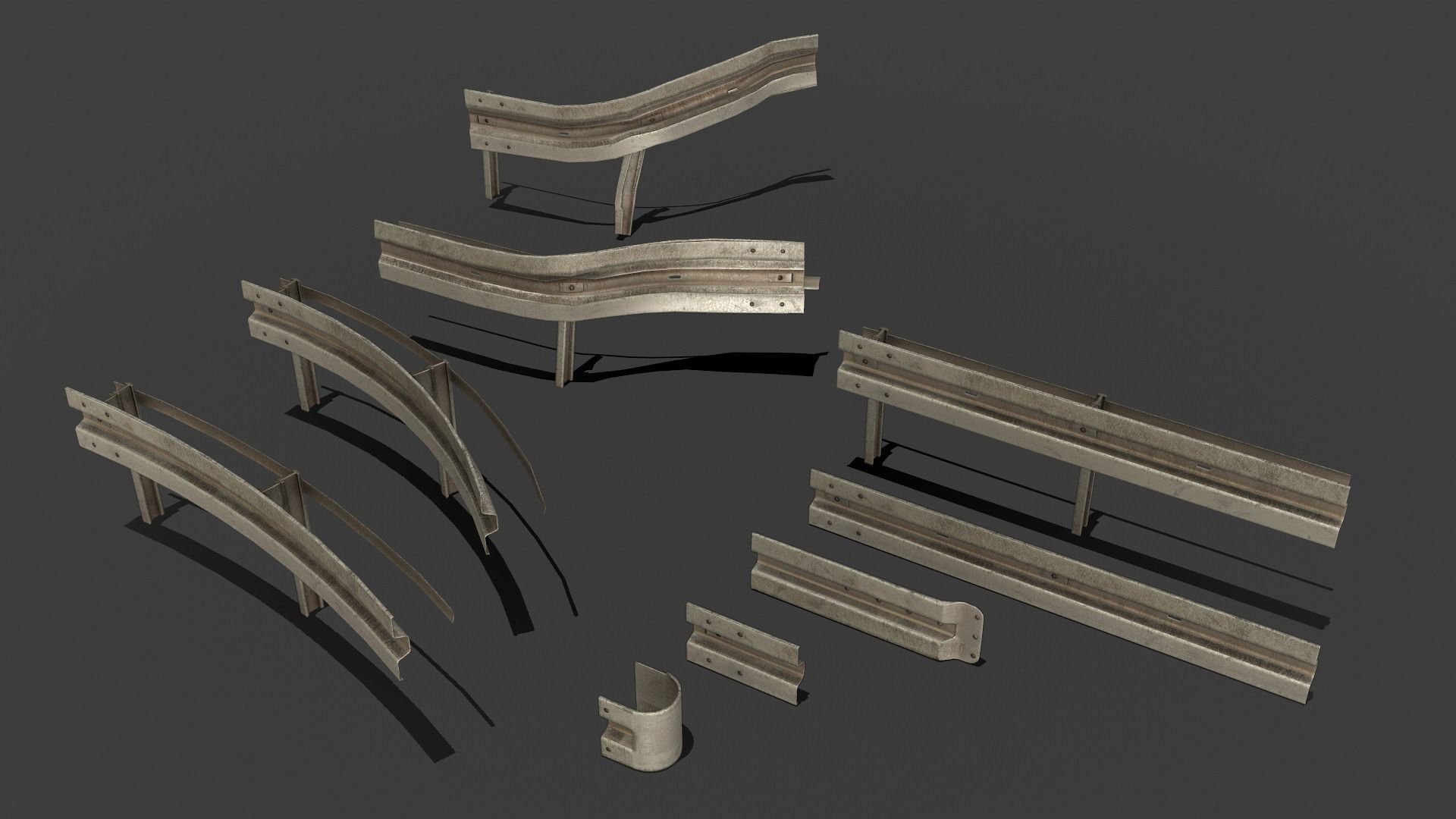 Modular - Rusty road safety barrier Kit - 3D VR  AR  game ready  Low-poly 3D model_15