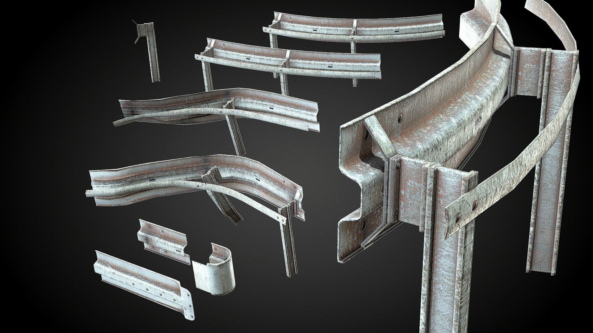Modular - Rusty road safety barrier Kit - 3D VR  AR  game ready  Low-poly 3D model_17