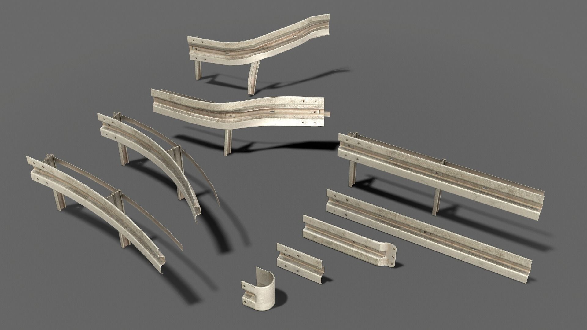 Modular - Rusty road safety barrier Kit - 3D VR  AR  game ready  Low-poly 3D model_12