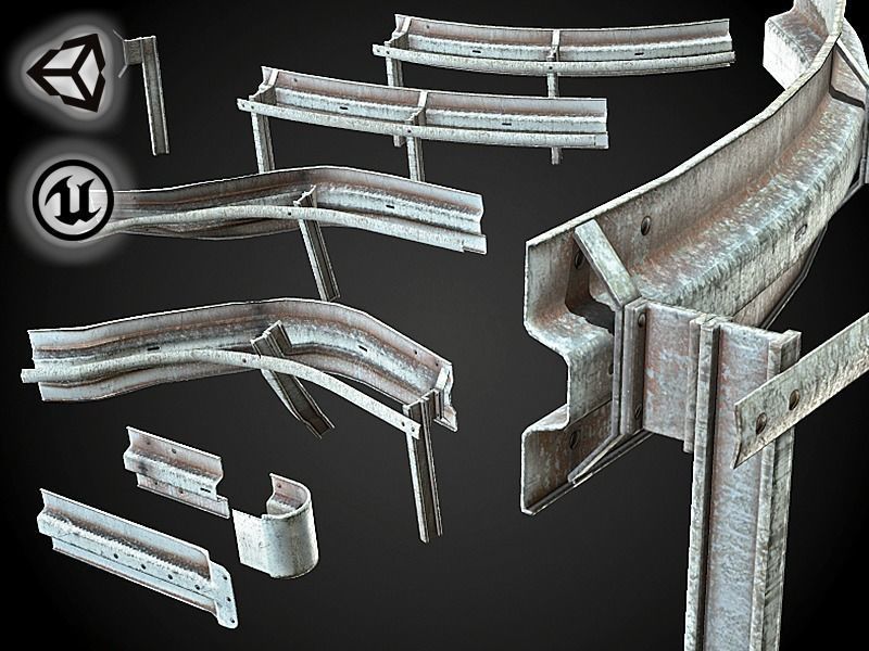 Modular - Rusty road safety barrier Kit - 3D VR  AR  game ready  Low-poly 3D model_19