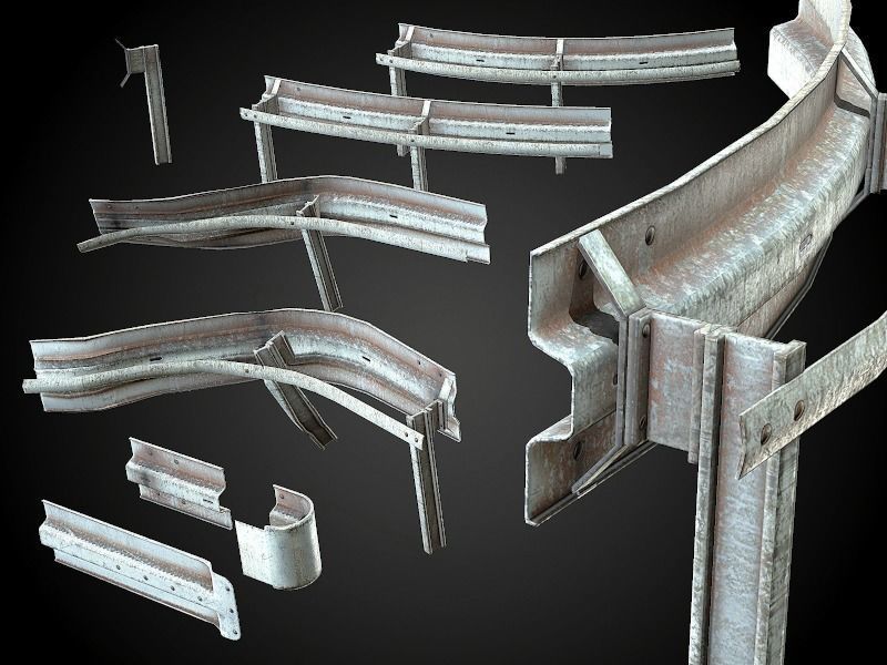 Modular - Rusty road safety barrier Kit - 3D VR  AR  game ready  Low-poly 3D model_1